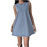 Milumia Women's Bow Tie Back Denim Sundress Crew Neck Sleeveless Flared Short Dresses