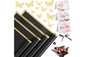 SACATR 20 Sheets Flower Wrapping Paper - Waterproof Floral Bouquet Wrapping Paper, Florist Supplies with 3D Gold Butterfly Decor, Ribbon for Wedding DIY Craft Birthday Graduation(Black)