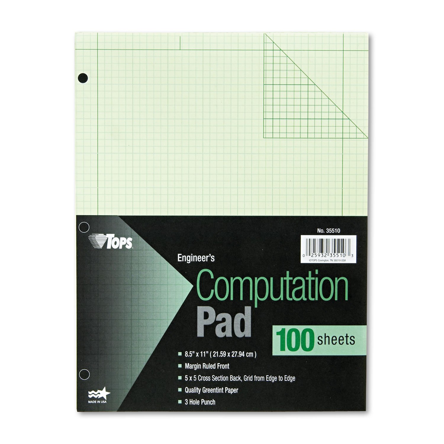 TOPS Engineering Computation Pad, 3-Hole Punched, 8.5 x 11 Inches, 5 Squares per Inch, 100 Sheets, Green, (35510)