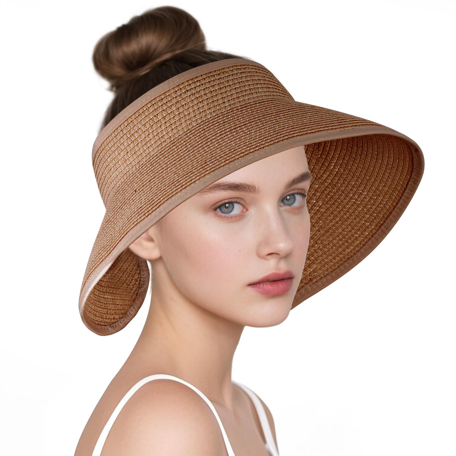 Photo 1 of hoyuwak Sun Visor Hats for Women Foldable Wide Brim Straw Ponytail Hat Beach Hat for Summer Vacation Outdoor Play Khaki