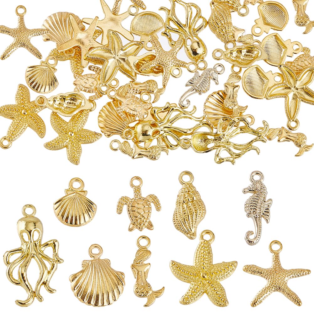 SUNNYCLUE 1 Box 54Pcs 9 Styled Gold Sea Charms Ocean Charms Bulk Alloy Turtle Starfish Seahorses Mermaids Sea Animal Conch Summer Beach for jewellery Making Women DIY Necklace Earring