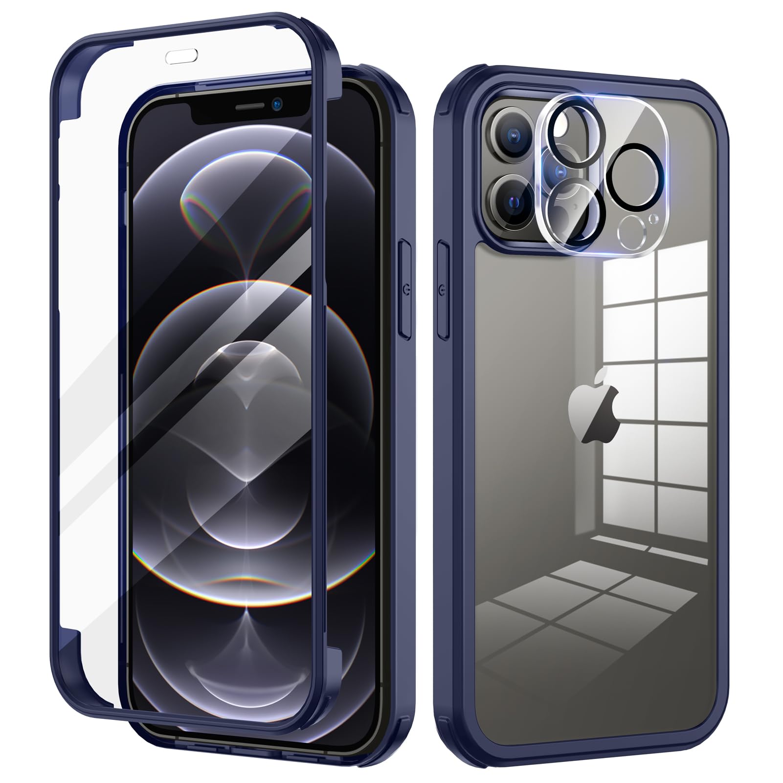 seacosmo for iPhone 12 Pro Case 6.1 Inch, Full-Body Shockproof Case with Built-in Glass Screen Protector and Camera Lens Protector Rubber Bumper Case Cover for iPhone 12 Pro- Blue/Clear
