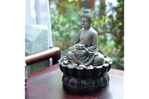 Haobos 9.4" Indoor Tabletop Fountain Exquisite Sitting Buddha Fountains Desk Water Fountain Decorative Zen Fountain w/Reflective Lighting/Cobblestone Office and Home Decor(21125B)