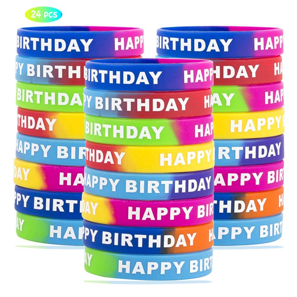 SUNSK Happy Birthday Bracelets, 24 Pieces Silicone Stretch Wristbands, Party Favor for Kids Birthday Party Supplies