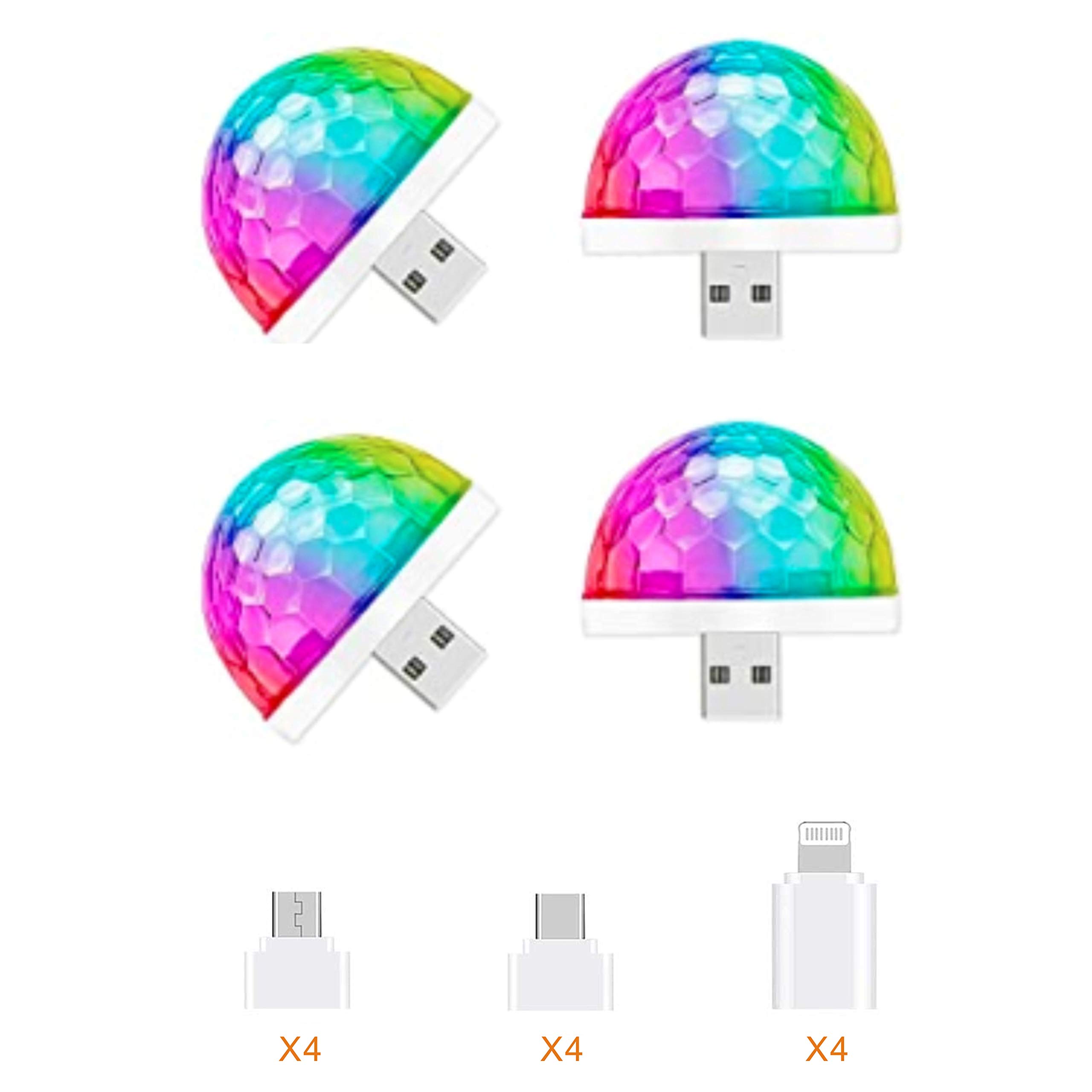 USB Mini Disco Light,Multi Colors LED Car Atmosphere Light,Sound Activated Magic Strobe Party Light for Home Room Dance Parties Birthday Wedding and Xmas Decorations(4 Pack)
