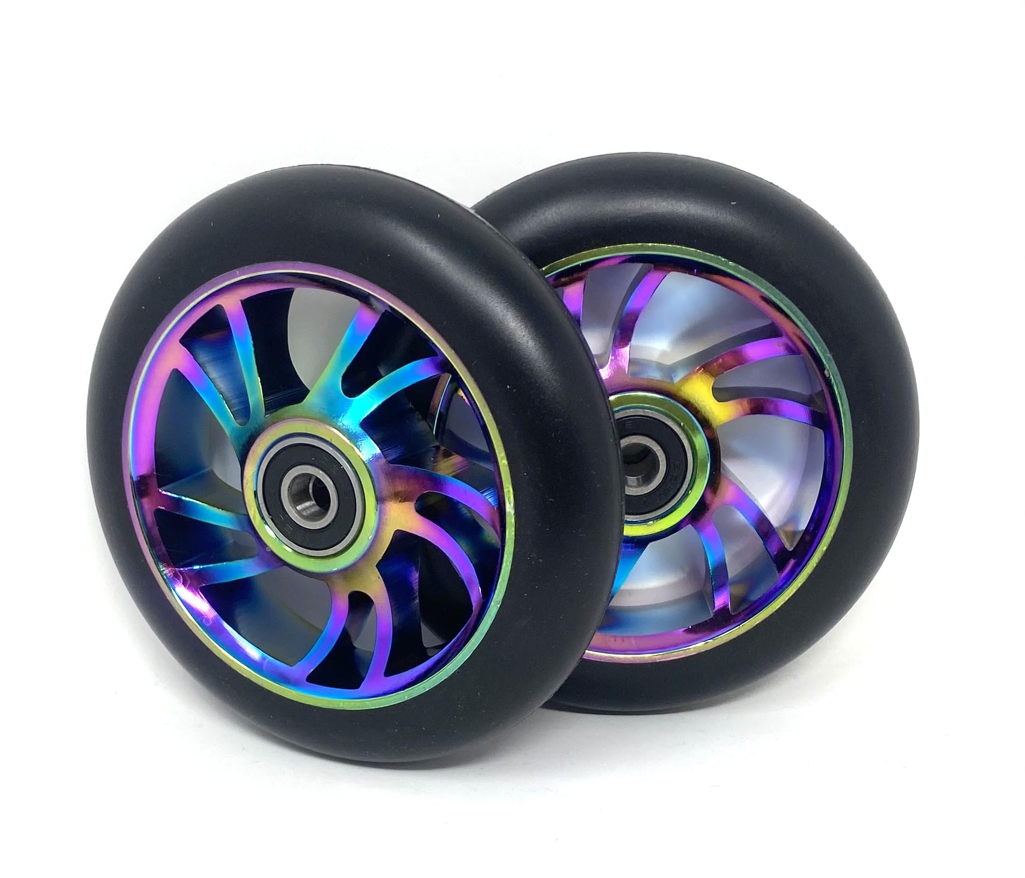 Team Dogz Pair 110mm Stunt Scooter Wheels With Rainbow Neochrome Alloy Core and ABEC9 Bearings