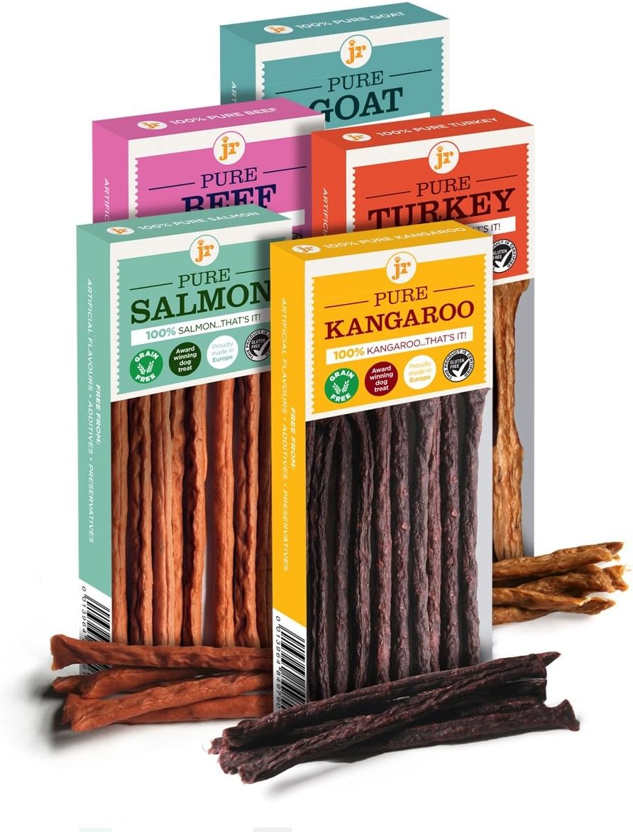 JR Pet Products 5 x 50g Variety Pure Dried 100% Fresh Meat Sticks Dog Treat Gluten & Grain Free Kangaroo Salmon Beef Turkey Goat