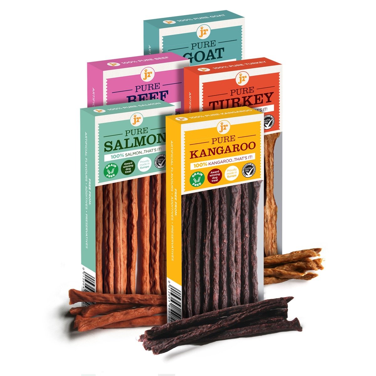 JR Pet Products 5 x 50g Variety Pure Dried 100% Fresh Meat Sticks Dog Treat Gluten & Grain Free Kangaroo Salmon Beef Turkey Goat
