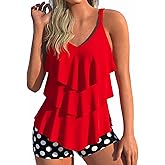MODLILY Layered Ruffle Two Piece Tankini Swimsuits, Flowy Swimdress Handkerchief Hem, Slim Tank with Boyshorts