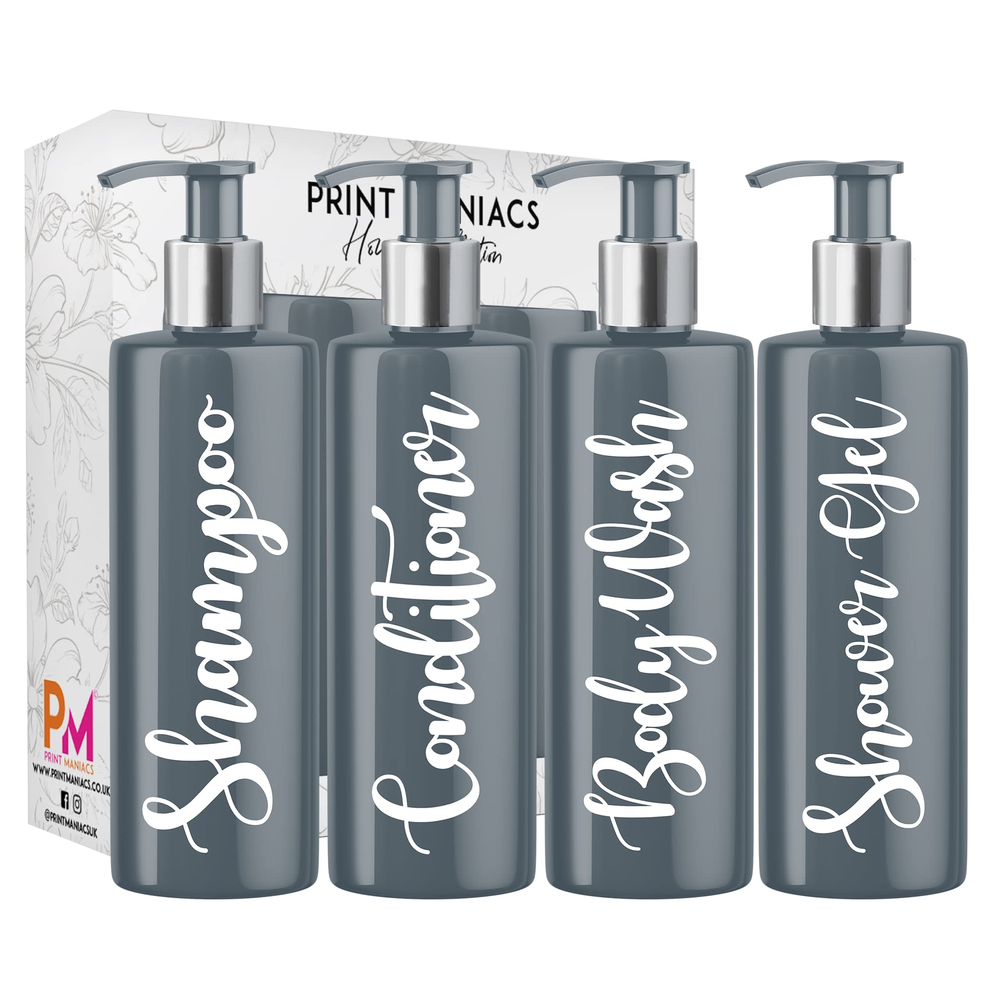 Print Maniacs Grey Mrs Hinch Inspired Personalised 500ml Pump Bottles Bathroom Lotion Kitchen Set Shampoo Conditioner Body Wash (Set 4 Shower Gel)) (White)