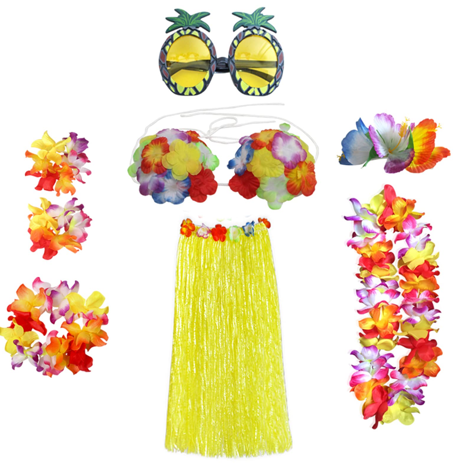 HBell 8PCS Hawaiian Hula Skirt Costume Set,Hawaiian Grass Skirt,Hawaii Leis,Flower Bikini,Hibiscus Hair Clip for Adults Fancy Dress Supplies Summer Beach Tropical Party Decorations (Yellow)