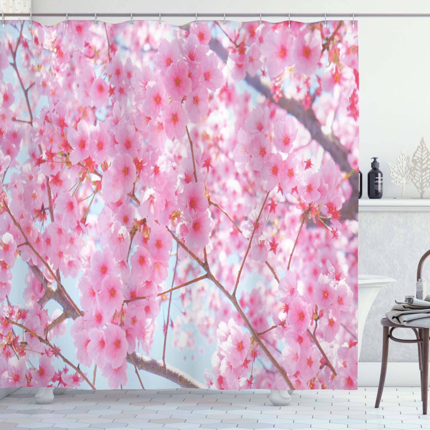 ABAKUHAUS Floral Shower Curtain, Japanese Sakura Florets Essence Nature Beauty Blossoms Refreshing Summer Picture, Cloth Fabric Bathroom Decor Set with Hooks, 175 x 200 cm, Baby Pink — image 1