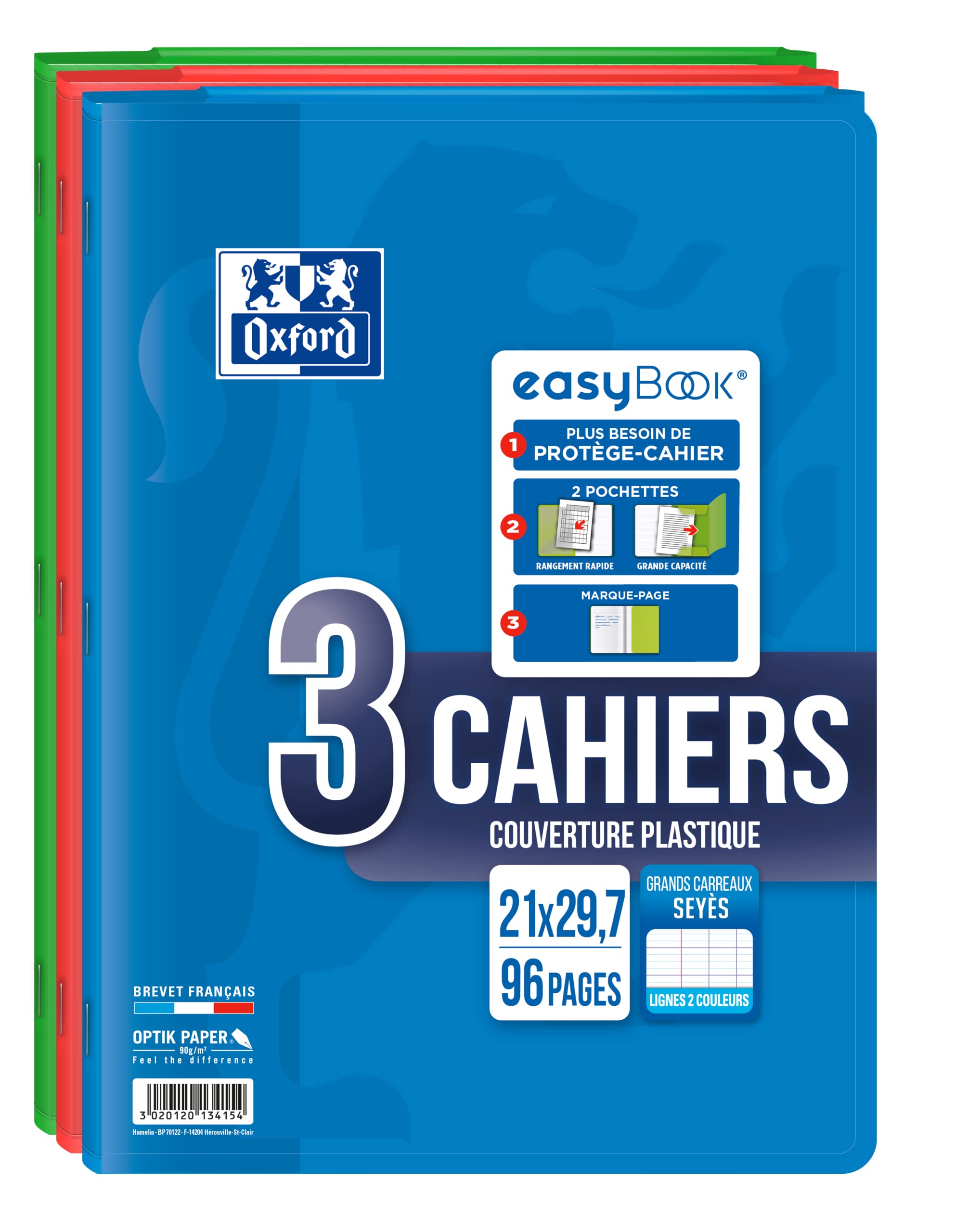 Oxford EasyBook Set of 3 Stapled Notebooks A4 Format (21 x 29.7 cm) 96 Pages Large Squared Ruled 90 g Assorted Colours