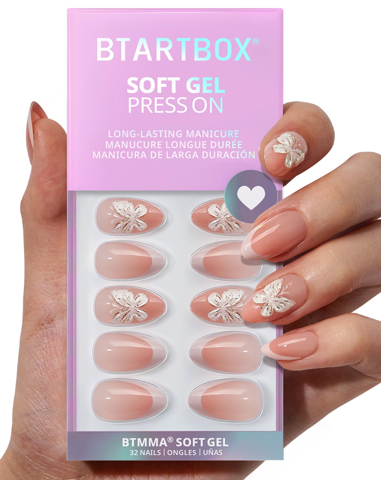Photo 1 of BTArtbox Press On Nails Short - 3D Butterfly French Tip Almond Press On Nails with Glue for Women, Opaque Soft Gel Glue On Nails in 16 Sizes - 32 Stick On Nails Kit, Last Dance