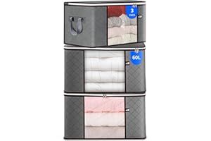 HOTBAG 60L Storage Bag, 3 Pack Foldable Blanket Storage Bins, Large Clothes Storage Bins with Lids and Handle Storage Containers for Organizing Bedroom, Closet, Clothing and Comforter