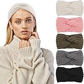 TODDER 5 Pieces Knit Winter Headbands for Women, Thick Soft Ear Warmer Headbands for Women Cold Weather(Beige Khaki Pink Gray Black)