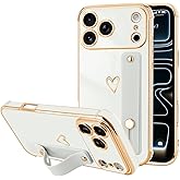 LLZ.COQUE for iPhone 17 Pro Case for Women Girls, Bling Luxury Plated Bumper with Cute Love-Heart Design, Adjustable Hand Strap Stand, Raised Edges Shockproof Protection for iPhone 17 Pro - White