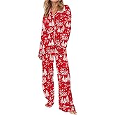 SHESHOW Pjs Sets for Women Santa and Reindeer Christmas Pjs Button Down Loung Wear Red Pajamas for Women Set S