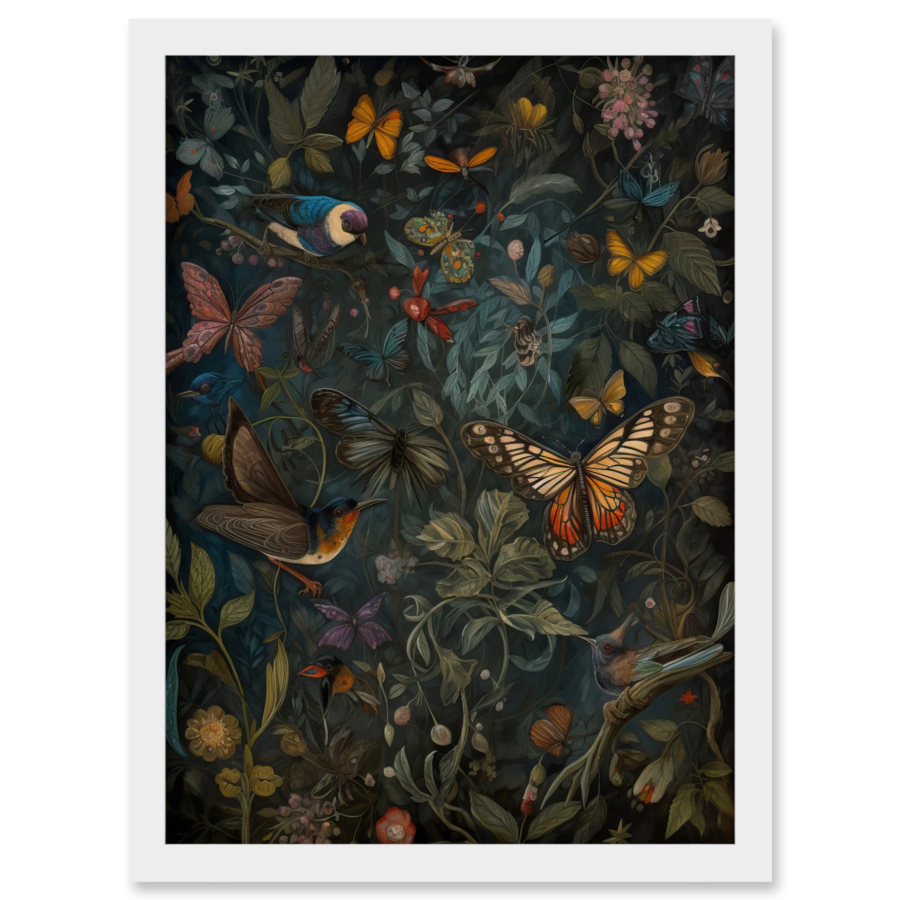 Artery8 William Morris Style Plants Birds and Butterflies Artwork Framed A3 Wall Art Print — image 1