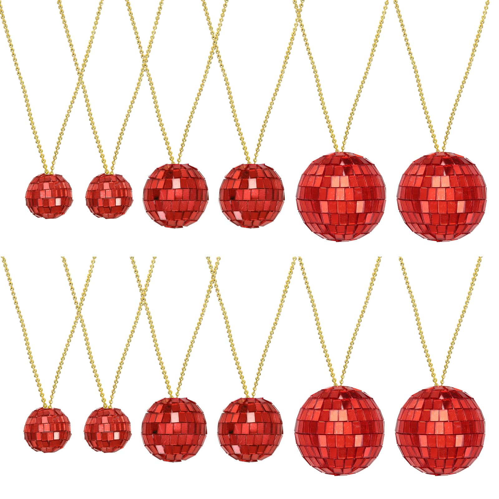 sourcing map Mirror Disco Ball Necklace, 1.2"/1.5"/2" 70s Disco Party Necklaces for Costume Game Dance Supplies Birthday Parties Festival Jewelry Accessories, (Red, Pack of 12)