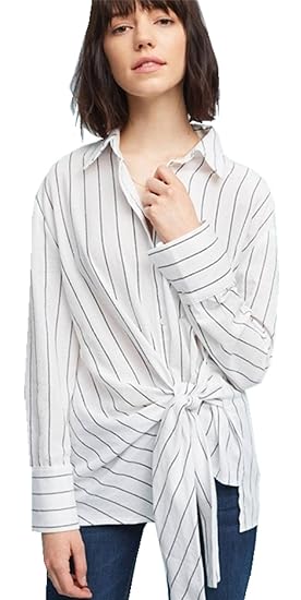 Sexy Langarm Gestreift Gestreiftes Schnürung Taille Knopfleiste Vorne Baumwolle Bluse Hemd Shirt Oberteil Top Weiß Schwarz