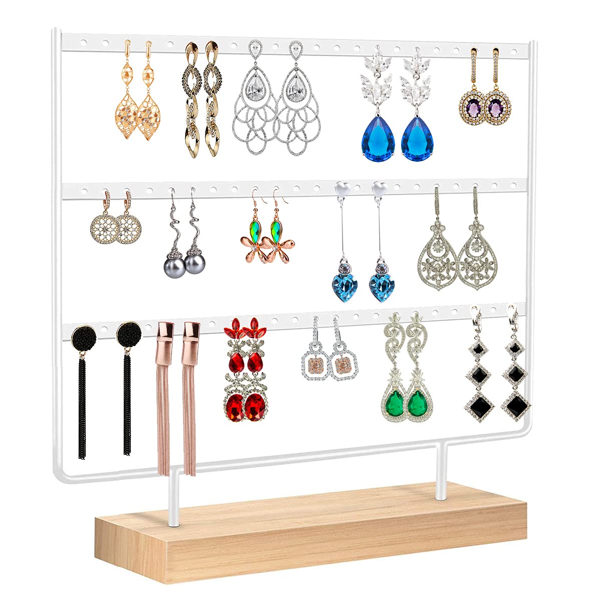 Discoball Earring Holder Stand, 3 Tier Tabletop Earring Display Stand – 66 Holes Wood & Metal Hanging Jewelry Organizer for Studs, Dangle & Hoop Earrings – Gift for Women (Earrings Not Included)