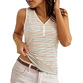 MEROKEETY Women's Summer Tank Tops 2026 Striped V Neck Sleeveless Casual Henley Shirts Colourful Button Cami Tee