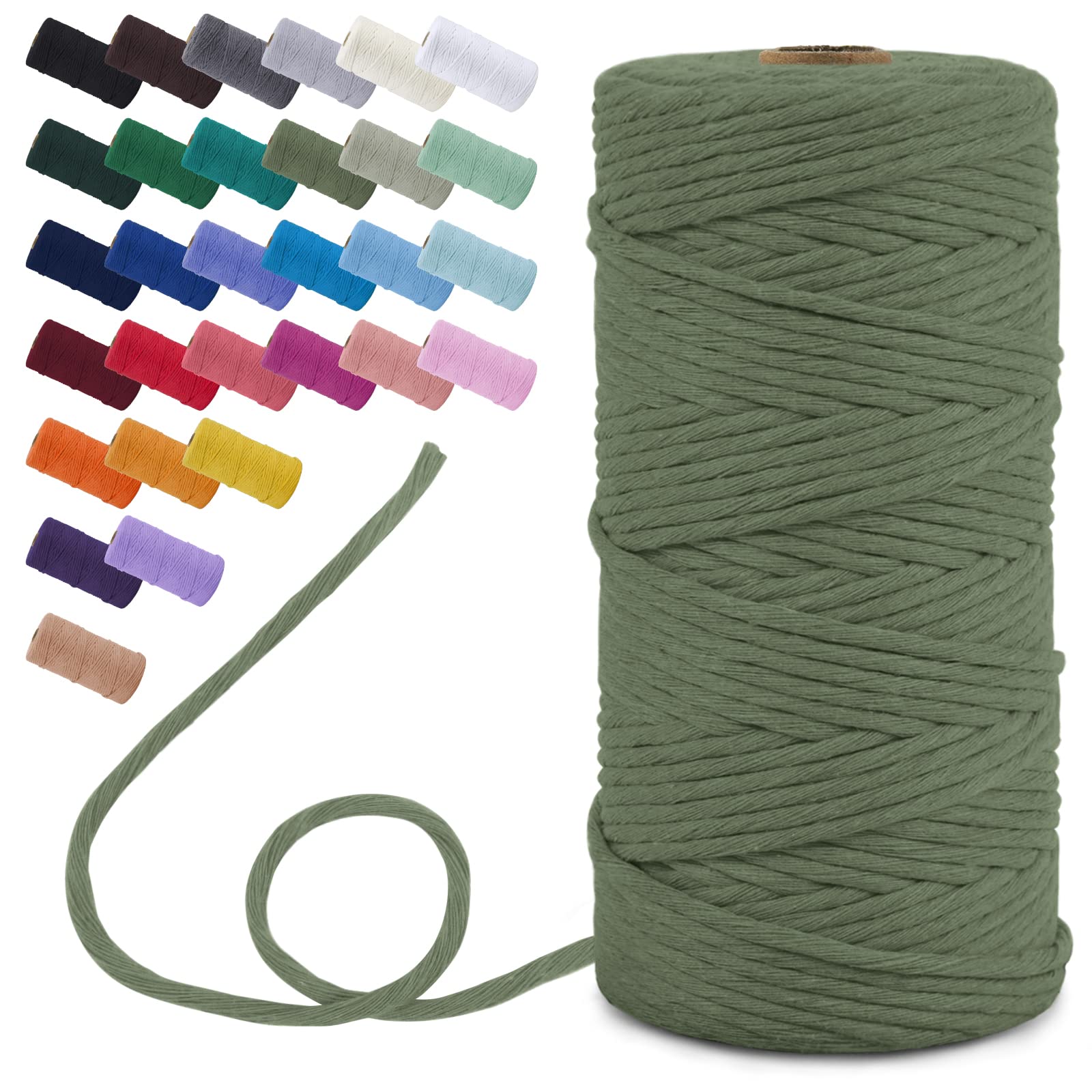 Uiopa Macrame Cord 3mm x 100m, Single Strand Macrame Yarn Thick Thread Natural Cotton Cord, Coloured Macrame Craft String for DIY Crafts, Wall Hanging, Plant Hanger, Tassels (Army Green)