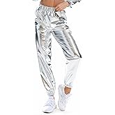 NewL Women's Metallic Shiny Jogger Casual Holographic Color Streetwear Pants Hip Hop Fashion Smooth Elastic Trousers