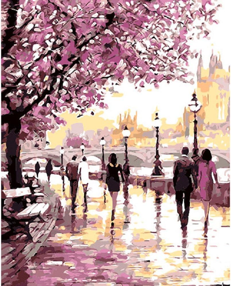 Bigie DIY Oil Painting Paint by Number Kit with Scenery Peaple 16x20inch (Wooden Frame, Cherry Blossoms Park)