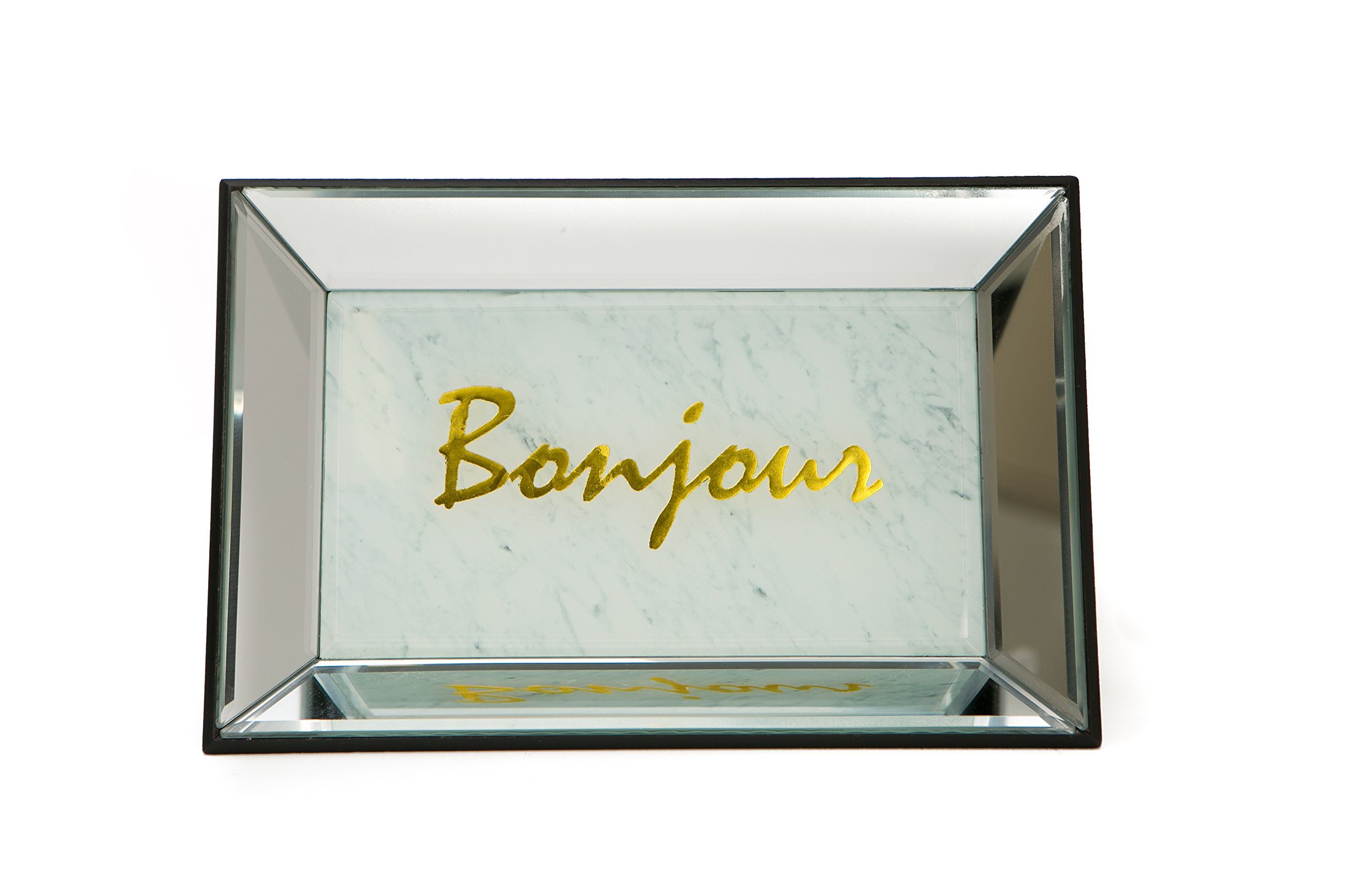 Danielle Creations Mirrored Jewellery Tray with Marble Finish and Bonjour Quote