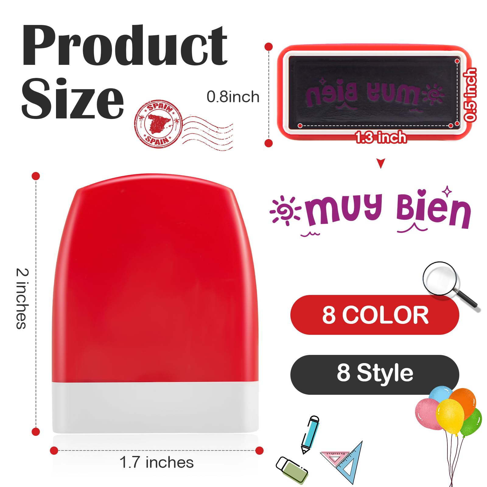 Qilery 8 Pcs Teacher Stamp Spanish Grading Gifts Rubber Self Inking Motivation for School Spanish Classroom Grading Stamp Kids School Prizes(Red,Stylish)