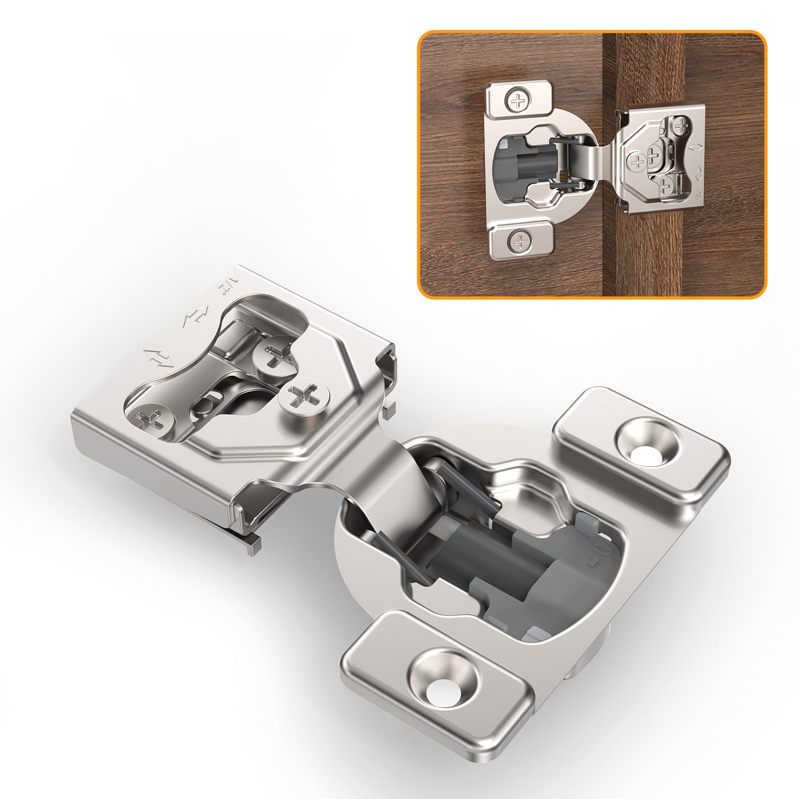 Photo 1 of Chibery 4 Pack 7/16" Overlay 4D Concealed Hinges for Face Frame Door, Soft Close On/Off Switch, Self Closing, 105° Open Angle Concealed Stainless Steel Hinges for Framed Cabinet, Satin Nickel