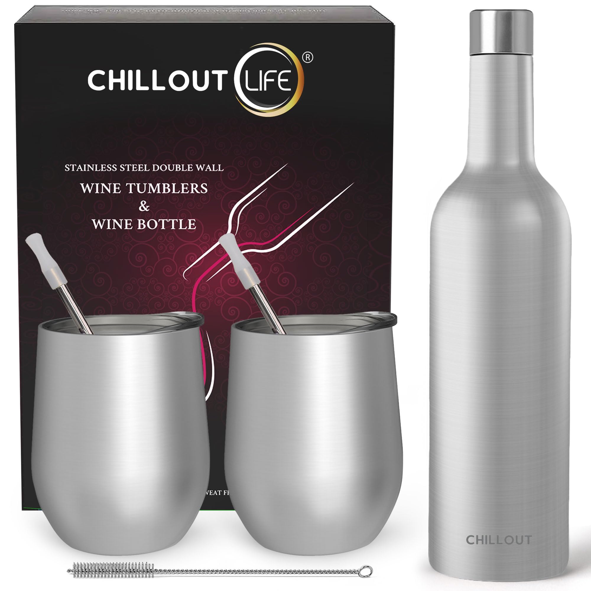 CHILLOUT LIFE Stainless Steel Wine Tumblers 2 Pack 12 oz & 1 Insulated Wine Bottle - Double Wall Vacuum Insulated Wine Cups with Lids and Straws Set