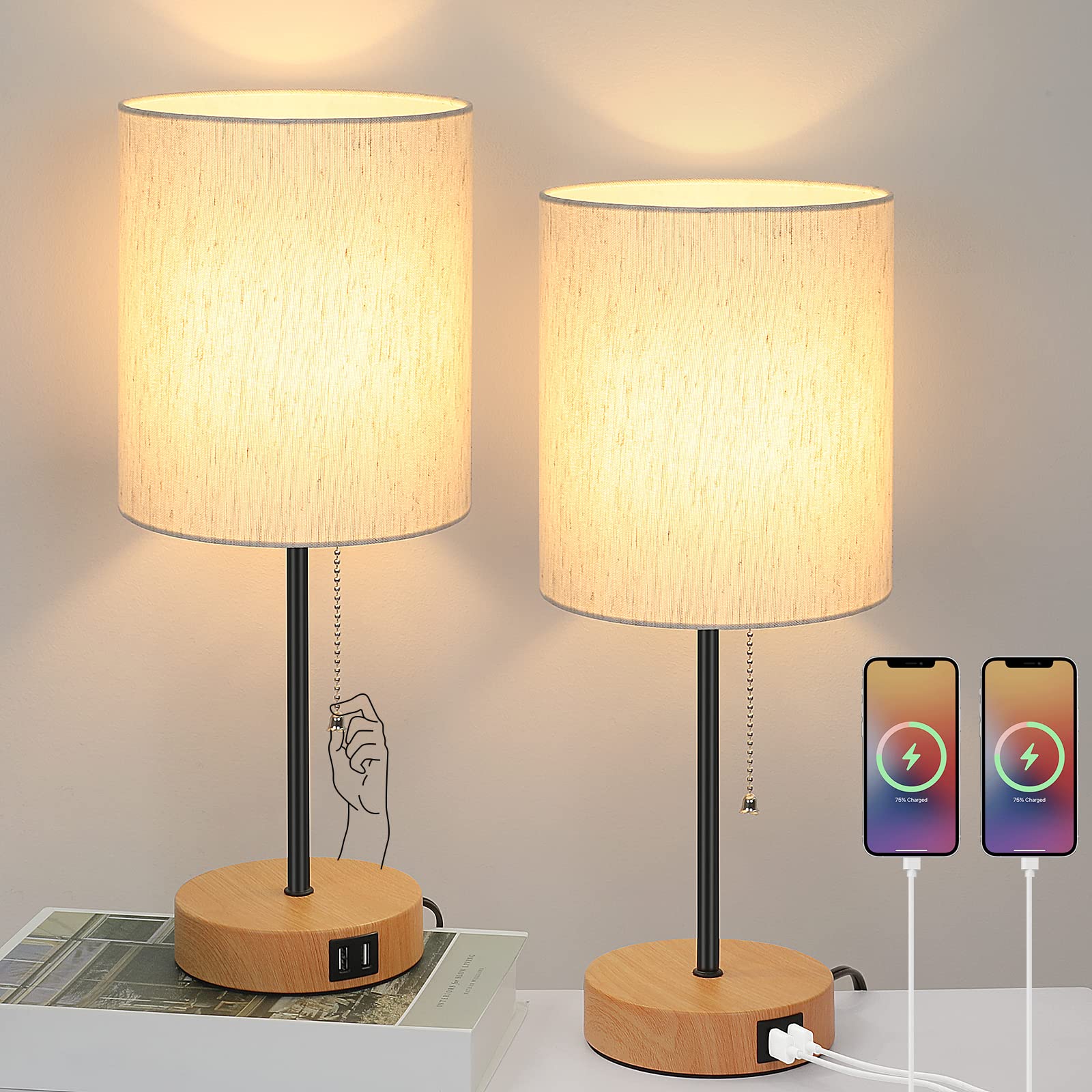 Photo 1 of Table Lamps Set of 2 with USB Charging Ports, Bedside Lamps with AC Outlet, Nightstand Lamps with Pull Chain Switch, Minimalist Modern Desk Lamps with Flaxen Shade for Living Room Bedroom Office