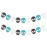 Vofrise 2PC Black/Silver/Blue Skull Garland for Halloween Party Decorations Glitter Skull Banner for Boy/Men Gothic Birthday Decorations Supplies