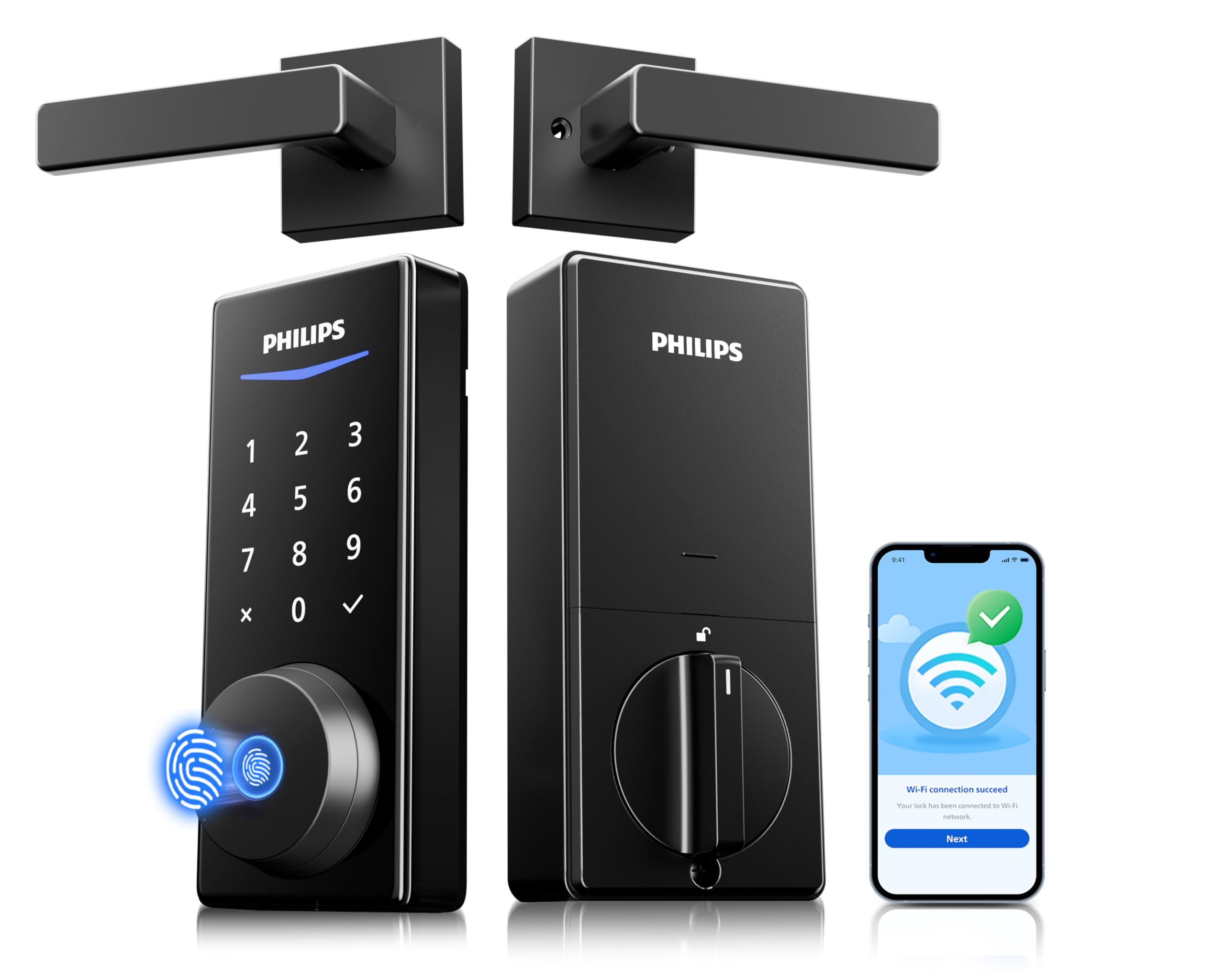 Philips Wi-Fi Smart Lock with Handles, WiFi Keyless Entry Front Door Lock Set, Keypad Deadbolt with Handle App Fingerprint Code Unlocking, Auto Locking, Built-in WiFi, Remote Control & Voice Unlock Image