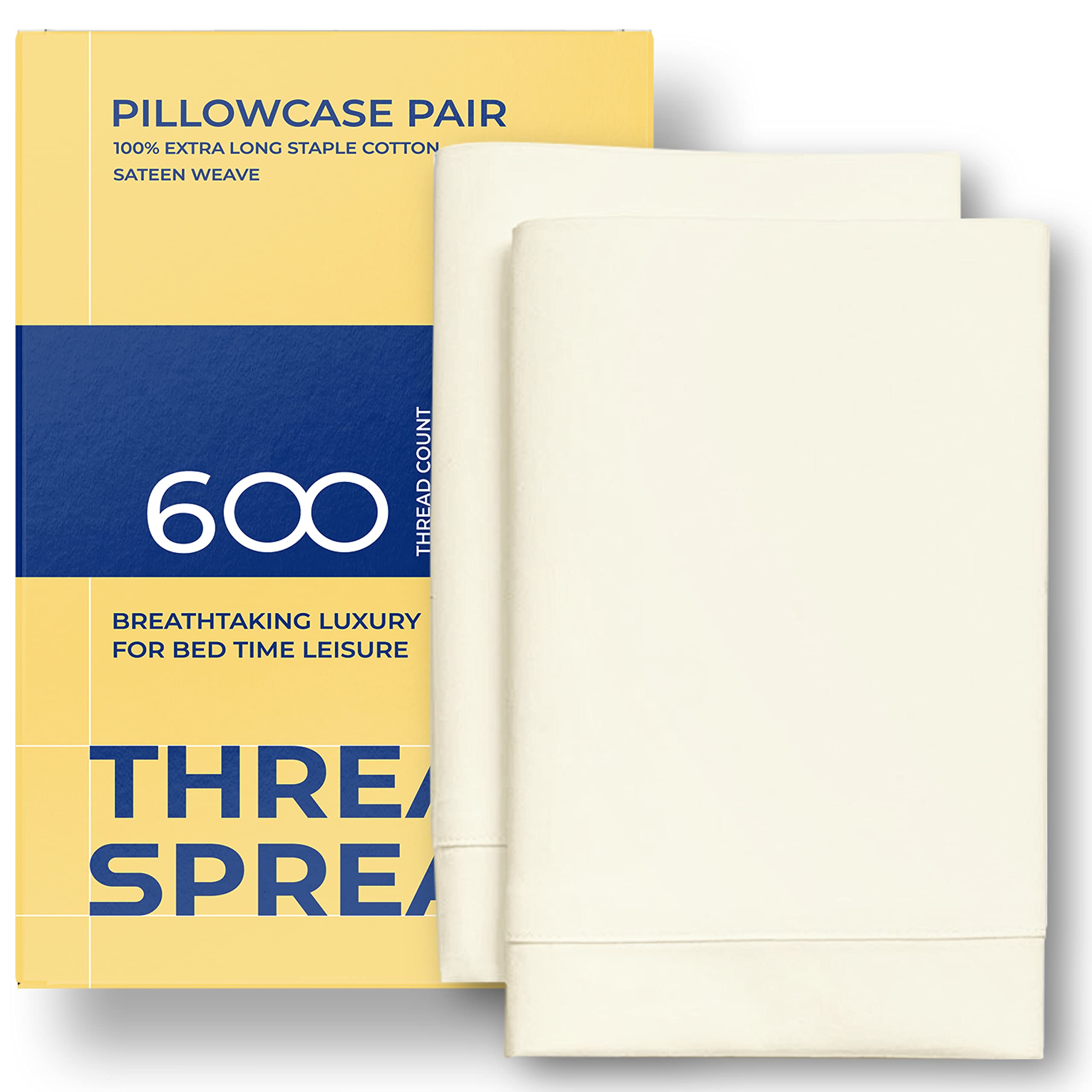 Photo 1 of THREAD SPREAD 100% Egyptian Cotton Pillow Cases King - 600 Thread Count Pillowcases King Size Set of 2, Soft Cooling & Breathable Extra Long Staple Sateen Weave Cotton Pillow Covers for Bed - Ivory