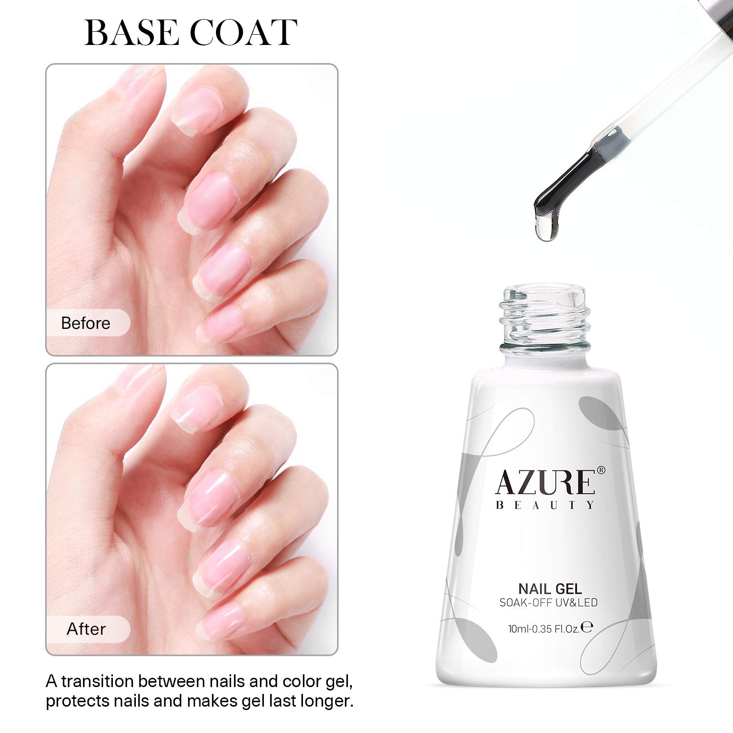 AZUREBEAUTY No Wipe Top Coat and Base Coat Set, 10ml 2 Bottles Soak Off Gel Nail Polish Glossy and Shiny Finish for DIY Nail Beauty at Home Nail Art : Beauty