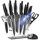 Wanbasion 16pcs Black Kitchen Knife Set with Block, Stainless Steel Knives Set for Kitchen, Professional Chef Knife Sets for Kitchen with Sharpener Acrylic Block