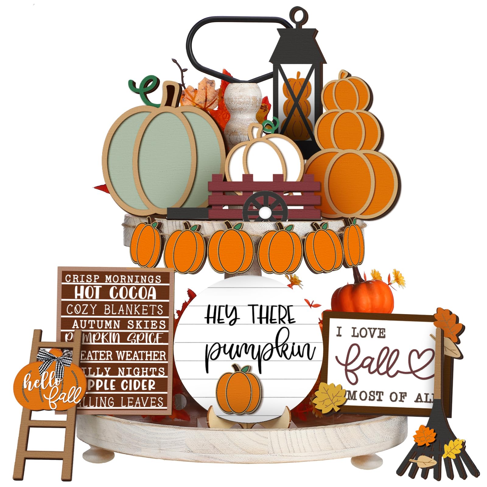 Photo 1 of Maitys 1 Set Fall Tiered Tray Decor Set Thanksgiving Decorations Autumn Pumpkin Leaves Rustic Farmhouse Fall Decor Autumn Harvest Decorative Trays Wooden Tabletop Signs for Home Kitchen(Rustic Style)