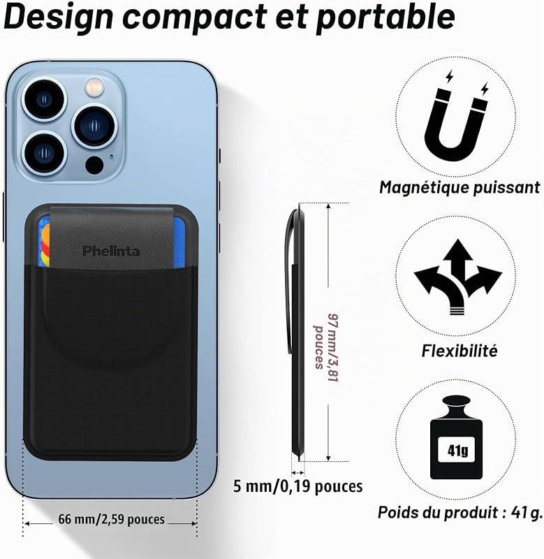 Porte Cartes Magnétique Portefeuille Compatible avec MagSafe Wallet pour iPhone 18 Pro Max/18 Pro/17/Air/16/15/14/13/12 Séries, Porte-Cartes en Cuir avec Rabat, Stockez 5 Cards Cartes