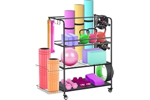HEOMU Yoga Mat Storage Rack, Home Gym Storage Rack for Dumbbells Kettlebells, Gym Organizer Gym Equipment Storage Cart with Wheels and Hooks, Black