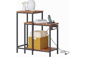 TRIFEBLE End Table Set of 2 with Charging Station, Narrow Side Tables, Industrial Stacking Side Tables, Corner Table for Small Spaces, Living Room Bedroom Table Sets, Rustic Brown