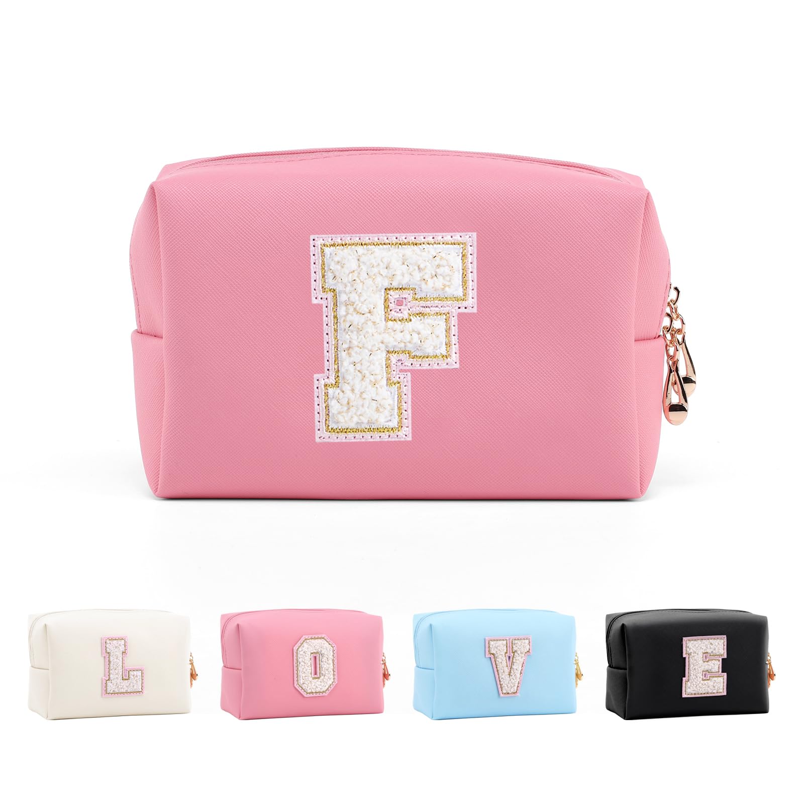 Anntry Small Personalized Initial Letter Makeup Bag, Cute Waterproof PU Leather Chenille Letter Cosmetic Bag Travel Makeup Bag, Preppy Makeup Pouch Toiletry Zipper Pouch Organizer for Women and Girls