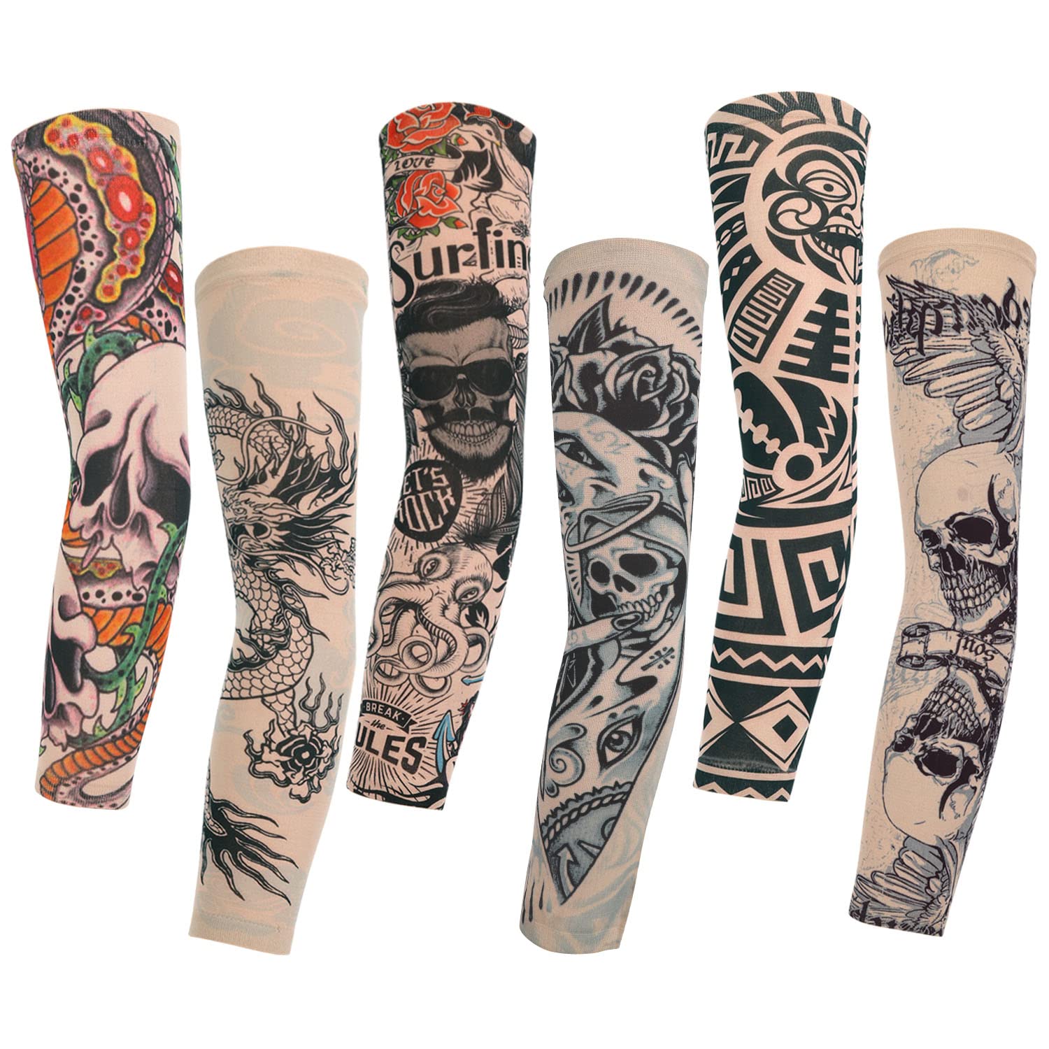 Konsait 6pcs Nylon Fake Temporary Tattoo Sleeves Adult Women Men Slip on Elastic Arm Stockings Unisex Party Halloween Tattoo Biker Sun Block Sleevelet Rose Skulls Tribal