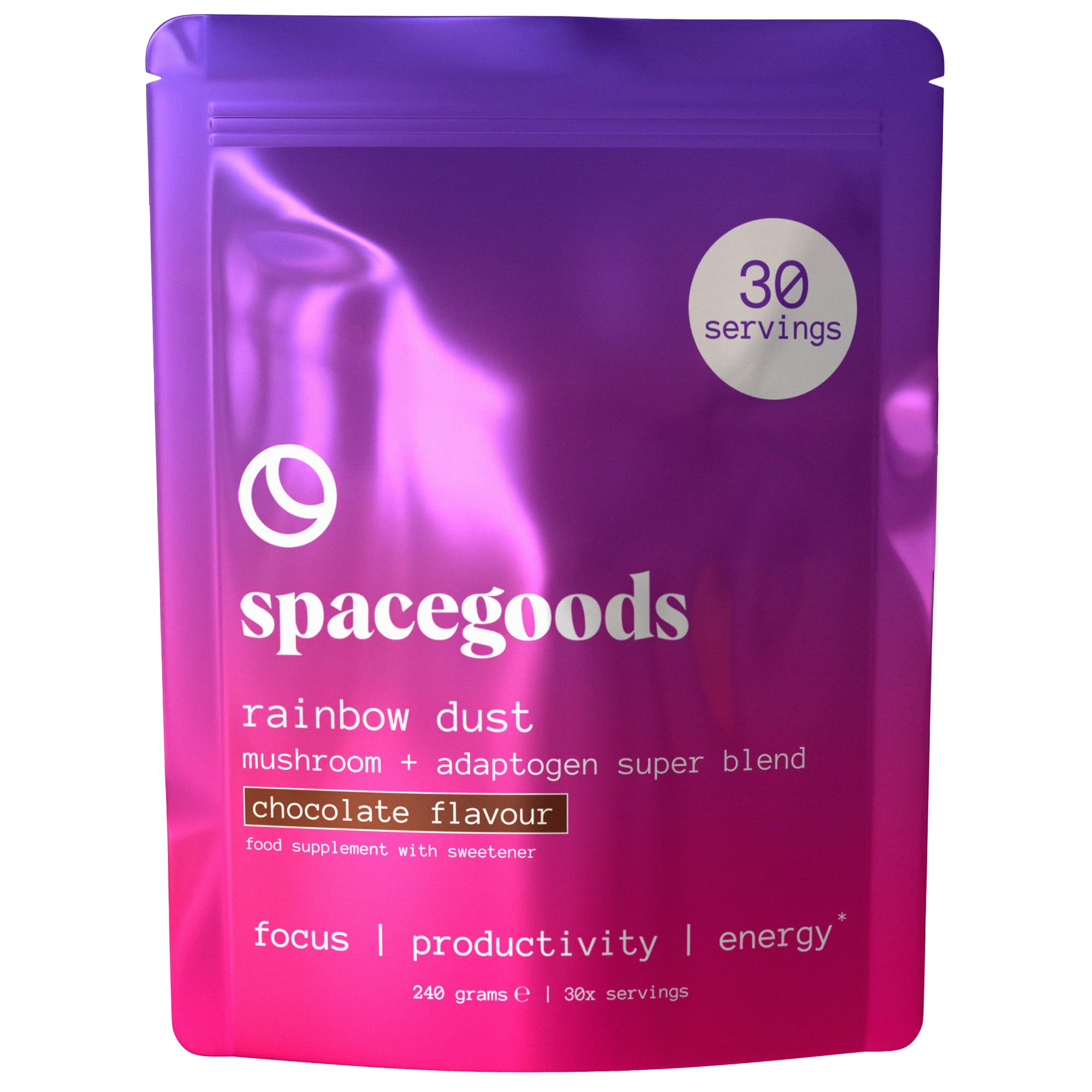 Spacegoods Rainbow Dust 240g | 30 Servings | Flavoured Mushroom Coffee | 80mg of Natural Caffeine | Lions Mane, Chaga, Ashwagandha & Vitamin B5 | Sharper Focus, Energy & Calm | Chocolate