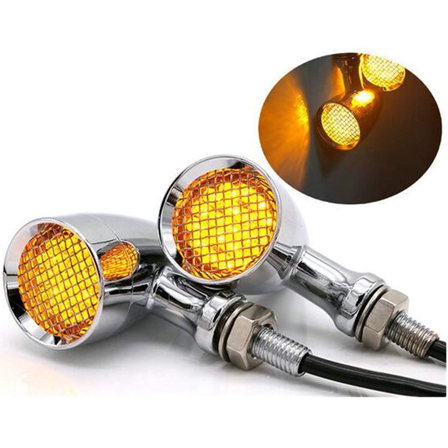 YC Bullet Motorcycle LED Turn Signal Light Indicator LED Brake Tail Light Lamp Metal Shell Blinker Flashers for Harley Bobber Cafe Racer Honda Yamaha Ducati April Kawasaki Suzuki (Chrome)