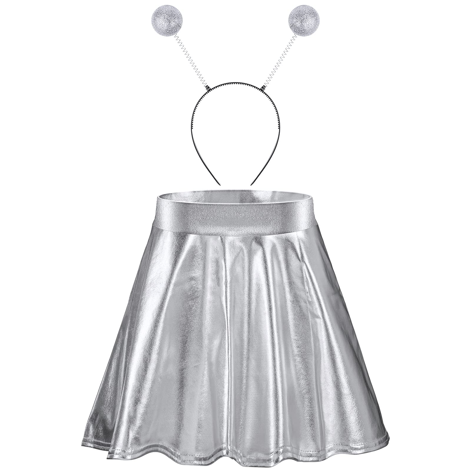 Halloween Alien Headband and Metallic Skirt Flared Pleated Skater Skirt for Halloween Supplies (Silver,Medium Skirt)
