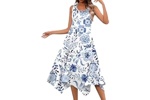 FONMA Summer Spring Dress for Women Casual Fashion Round Neck Sleeveless Dress Printed Slim Fit Irregular Midi Dress